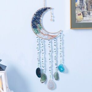 Blue and Green Agate Crescent Moon Suncatcher Wall Hanging
